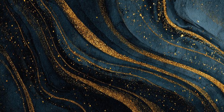 Dark blue and gold abstract design with flowing lines and sparkling accents