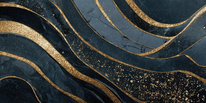 Elegant abstract artwork featuring fluid dark blue textures and shimmering golden wave accents