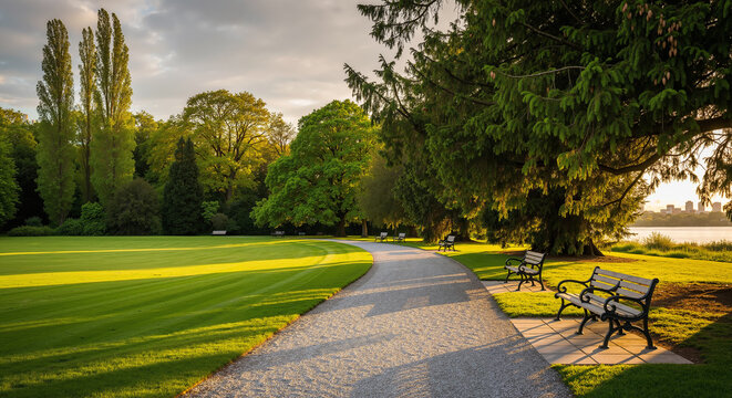 Park path at sunset with empty benches and a lush green lawn. Tranquil landscape for relaxation and nature backgrounds.