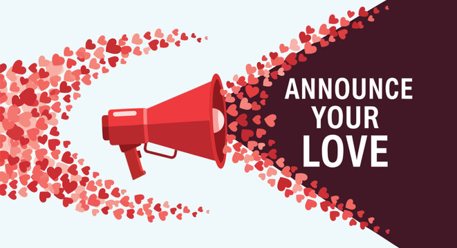 Red megaphone broadcasting a cascade of red hearts with the words announce your love in white text on a dark background