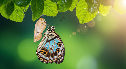 Butterfly emerging from a chrysalis on a green leaf in the sun. A powerful concept of transformation, change, and new beginnings.