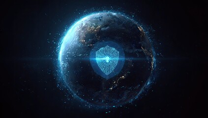 Digital Earth globe overlaid with a glowing security shield, representing global data protection