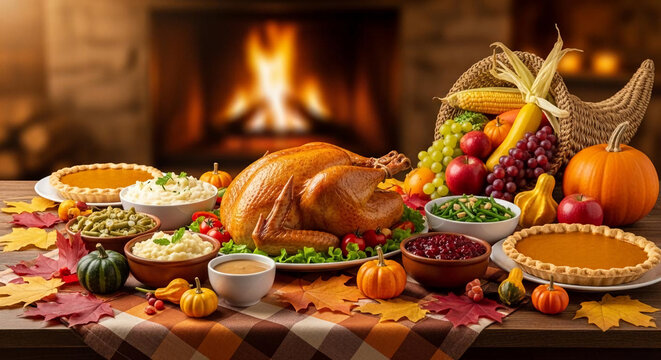 Thanksgiving dinner with roasted turkey pumpkin pie and autumn leaves a festive holiday meal for family gatherings and celebrations