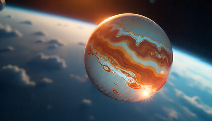 Striped Exoplanet Rising Above a Distant Planetary Horizon