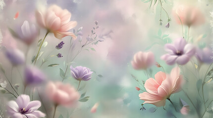 A soft floral arrangement with pastel pink and purple flowers in a dreamy style, HD and 4k image
