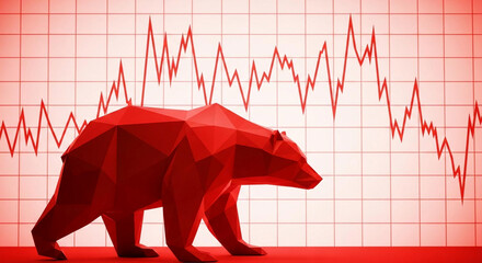 Red polygonal bear with a downward trending stock chart symbolizing a bear market financial loss and economic downturn