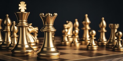 Strategic Brilliance: An intimate perspective on a chessboard set, gleaming in gold, poised for the start of a game, with the King and Queen leading the charge, symbolizing power and strategy. 
