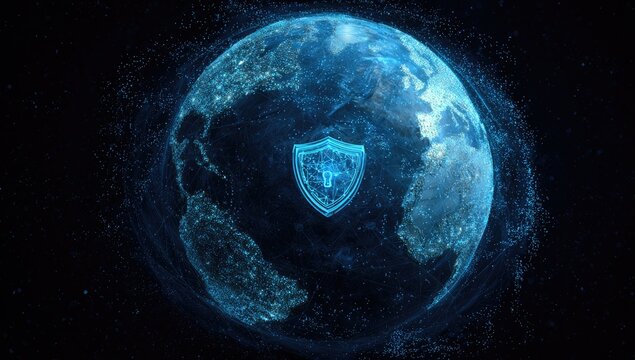 A globe surrounded by digital particles and a shield in center. Illustrates global cybersecurity