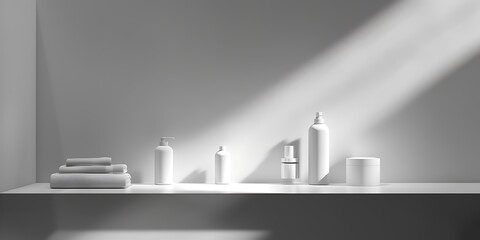 Minimalist bathroom shelf with clean towels and white toiletries bathed in soft sunlight.