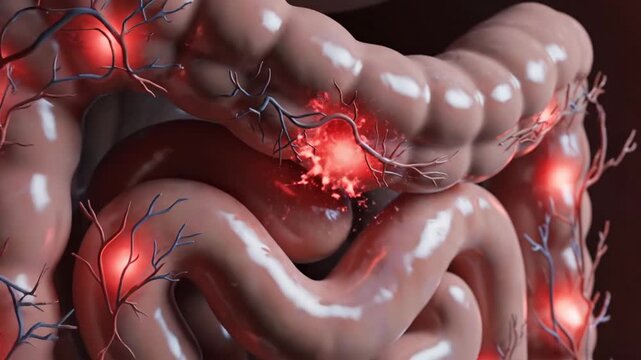 Colon Cancer Awareness Medical Animation Displaying Human Intestines with Tumors and Blood Vessels for Scientific Illustration, 3D Render