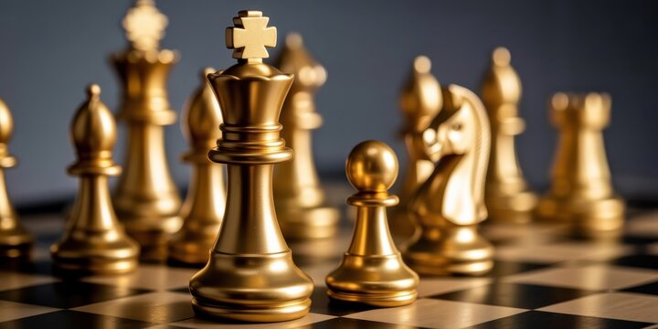 Strategy Unveiled: The gold chess set signifies the intellect, strategy and complexity involved in this game. the gold pieces stand out from the chessboard, depicting power and position.