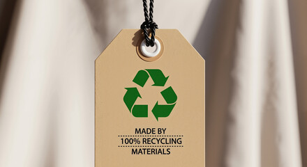Eco-friendly fashion tag with recycling symbol, indicating 100% recycled materials on a sustainable garment.