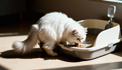 Fluffy white cat using litter box in sunlit home interior