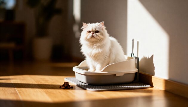 Fluffy white cat sitting in litter box in sunlit room
