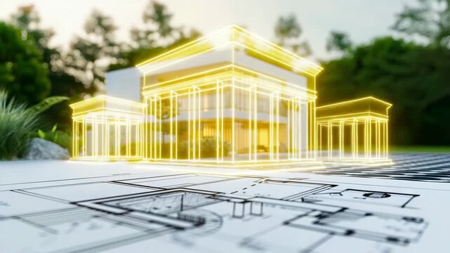Architect Drawing Blueprint with Modern House in Background