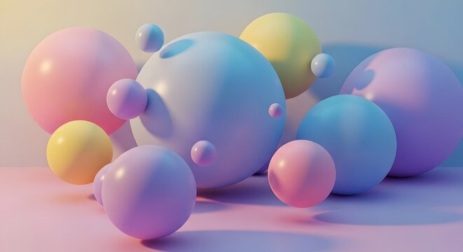 Abstract 3D spheres floating in pastel tones, soft shadows and modern composition.