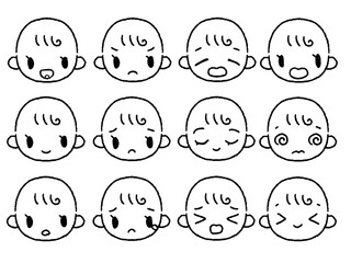 手描きの赤ちゃん表情セット白黒２