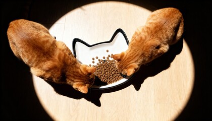 Two ginger cats eating from a cat-shaped bowl under sunlight