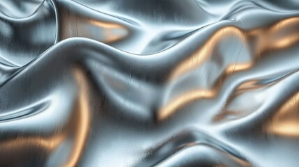 Close-up shot of a shimmering metallic fabric featuring a captivating wavy texture. The fabric showcases elegant shades of silver and gold, creating a luxurious and dynamic visual.