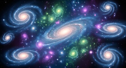 Abstract swirling galaxies with cosmic colors and glowing particles.
