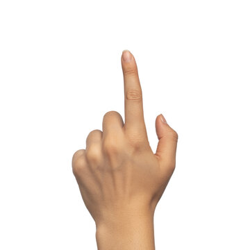 A human hand with index finger extended upwards, poised to touch, point, or interact with an unseen virtual element, screen, or button. background removed