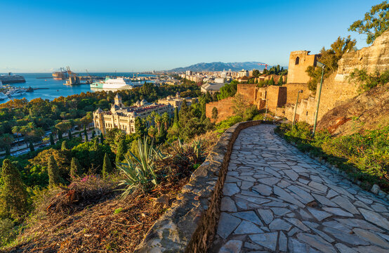 Mirador de la Coracha terrace overlooking city hall and skyline of Malaga city. Spain - Powered by Adobe