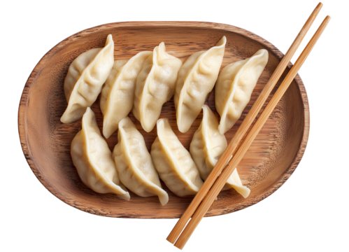 Plain steamed dumplings on wooden plate with chopsticks image isolated transparent. Classic gyoza platter. Authentic asian meal cut out photo png. Cutout element object photography