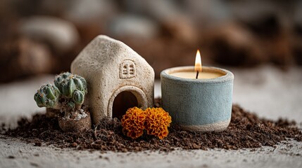 Rustic desert cottage scene with candle and cactus for warm artisan home decor branding