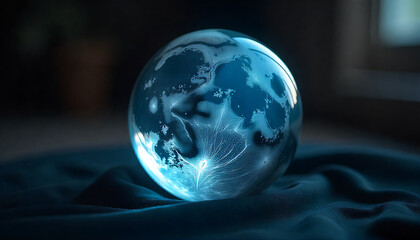 Glowing Blue Crystal Earth Ball on Velvet Fabric