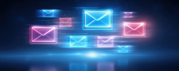Concept of social media content control. A vibrant digital representation of glowing envelopes, symbolizing communication and email, set against a dark background.