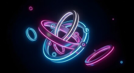3D neon rings floating in dark space, futuristic aesthetic.