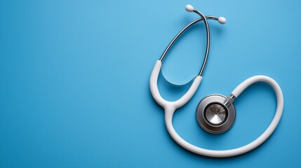 A stethoscope is on a blue background. The stethoscope is white and silver