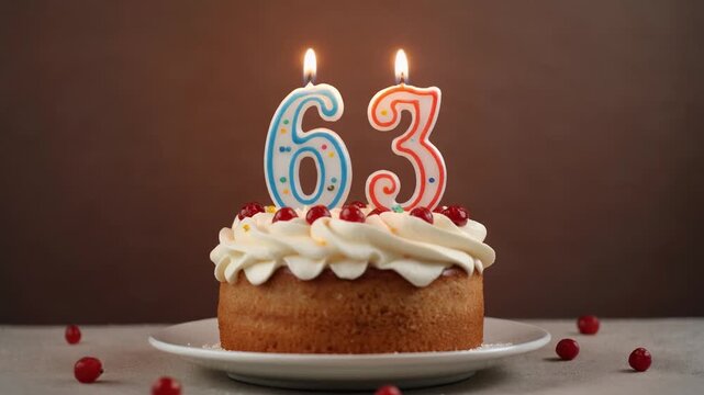 Decorated cake with candle in number 63. Video for birthday or anniversary party and celebration