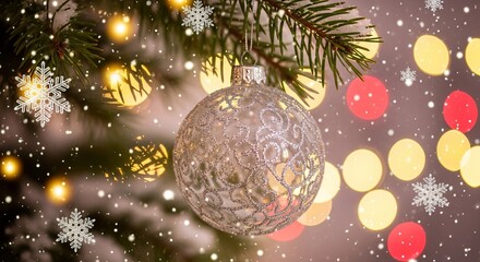 Bright glass bauble decorations hanging on a green Christmas fir tree branch for a festive winter holiday season