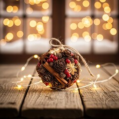 Golden Christmas gift box with red ribbon and baubles on a wooden holiday background