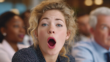 Bored young caucasian female yawning in business meeting with diverse audience