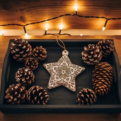 Homemade gingerbread cookie Christmas tree decoration on a rustic wooden background
