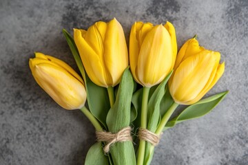 A vibrant bouquet of yellow tulips, tied together with a twine bow, rests on a gray concrete surface.