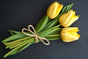 A vibrant bouquet of yellow tulips, tied together with a rustic twine bow, rests on a dark wooden table, with a soft, warm light casting a gentle glow on the scene.