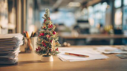Mini decorated Christmas tree on empty office desk amid papers pens. Lonely corporate holiday symbol, abandoned festive workspace vibe.