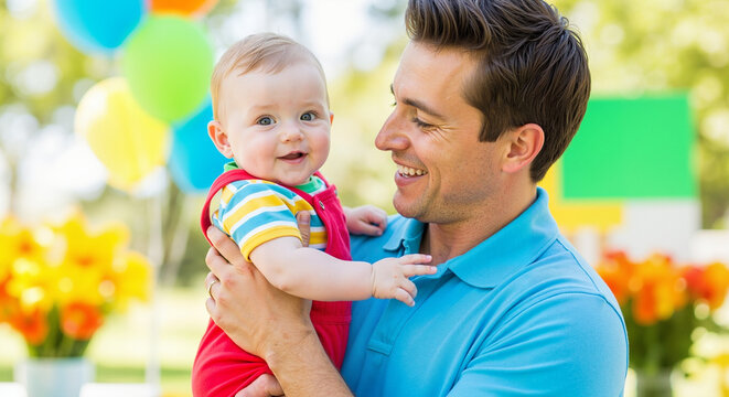 Happy father holding smiling baby at a colorful outdoor party with balloons and flowers