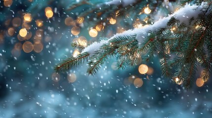 Christmas theme background with falling snow on snowy pine tree branches and glowing bokeh lights, creating a warm, magical and festive holiday atmosphere.