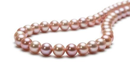 Obraz premium Luxurious strand of natural pink freshwater pearls arranged in a graceful curve isolated on a clean white background. 