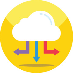Cloud computing symbol with arrows indicating data transfer and storage in yellow circle with white cloud icon and blue red purple arrows on transparent background flat design illustration