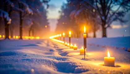 Close-up of golden candles burning brightly in the snow, leading into a festive, blurred winter wonderland scene for St. Lucia Day or holidays.