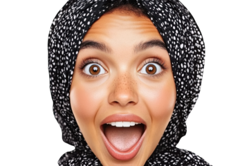 A Portrait of Joyful Expression: An Enthusiastic Young Woman Wearing a Black-Patterned Headscarf, Capturing Pure Happiness and Excitement isolated on transparent background 