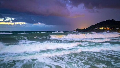 Dramatic seascape with powerful waves crashing under a dark, stormy sky at