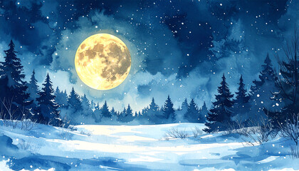 満月の夜の雪降る森_generated by AI