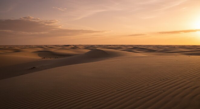 Vast expanse of rippled sand dunes stretches toward a warm sunset sky