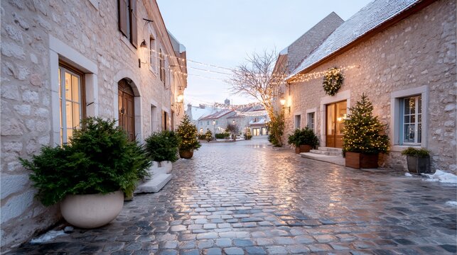 Cobblestone street with a Christmas tree in a planter